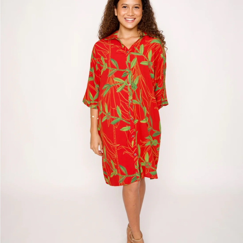 Lexbreezy Hawaii NEW NWT Aloha Button Down Dress Hilo Ti Leaf Red